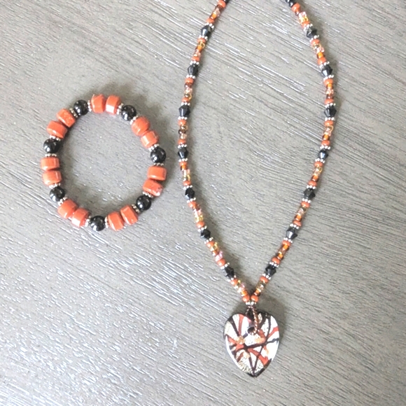 Vintage Murano Glass Heart Pendant With Red Jasper 925 Necklace and Bracelet Set - Picture 6 of 8